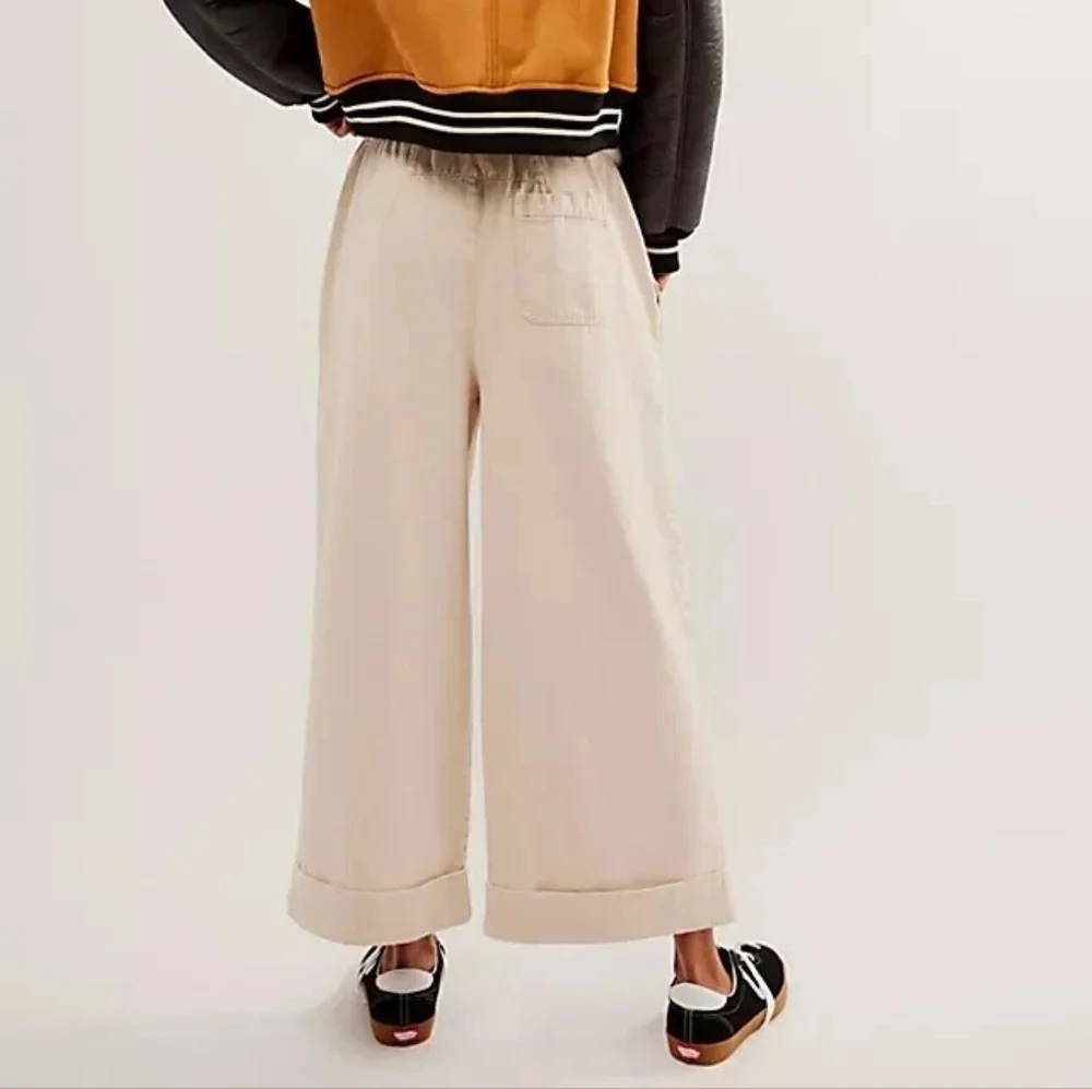 Free People After Love Cream White Mid Rise Slouchy Wide Leg Cuff Trouser Pants